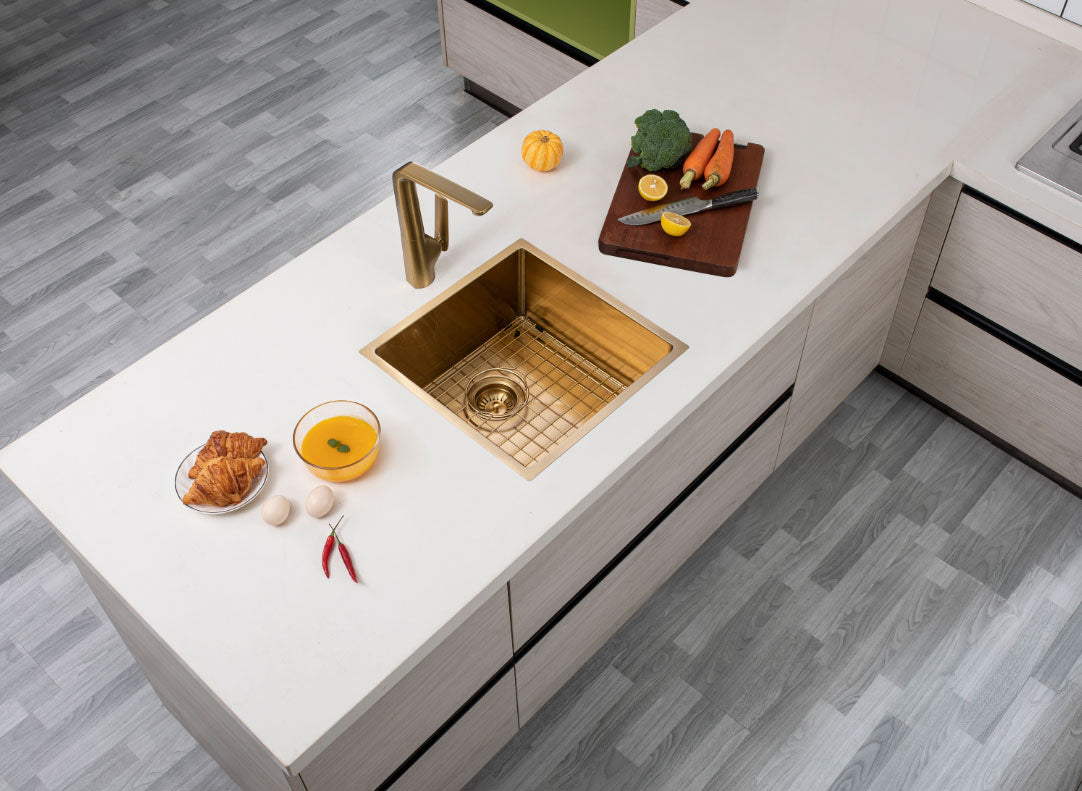 440x440x205mm Brushed Brass Stainless Steel PVD Single Bowl Kitchen Sink - MTO Marbles & Tiles Outlet