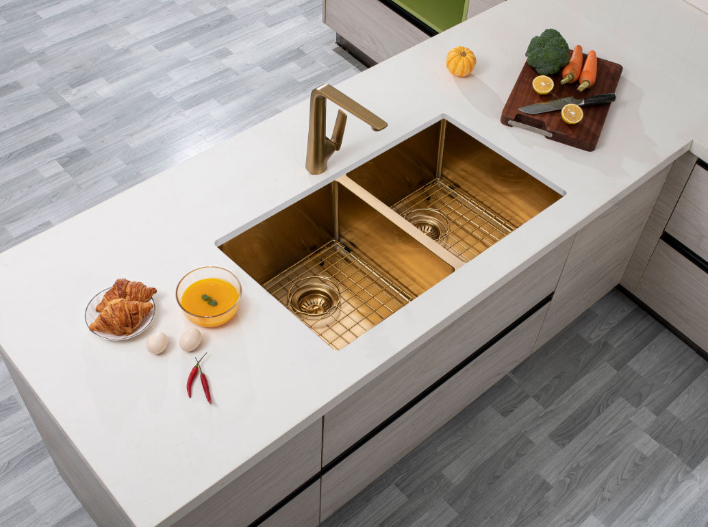 770x450x215mm Brushed Brass Stainless Steel PVD Double Bowl Kitche Sink - MTO Marbles & Tiles Outlet