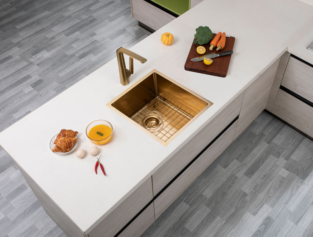 390x450x215mm Brushed Brass Stainless Steel PVD Single Bowl Kitchen Sink - MTO Marbles & Tiles Outlet