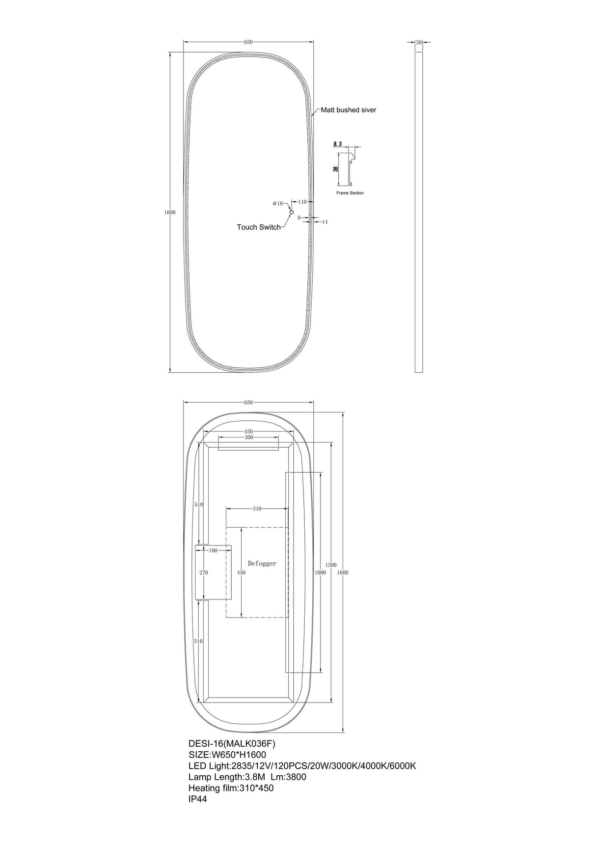 1600x650mm Framed LED Dressing Mirror - MTO Marbles & Tiles Outlet