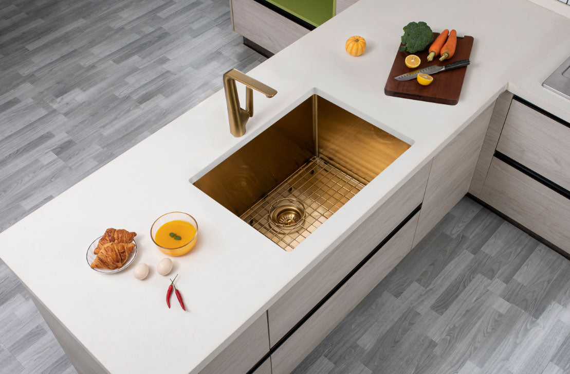 600x450x300mm Brushed Brass Stainless Steel PVD Single Bowl Kitchen Sink - MTO Marbles & Tiles Outlet
