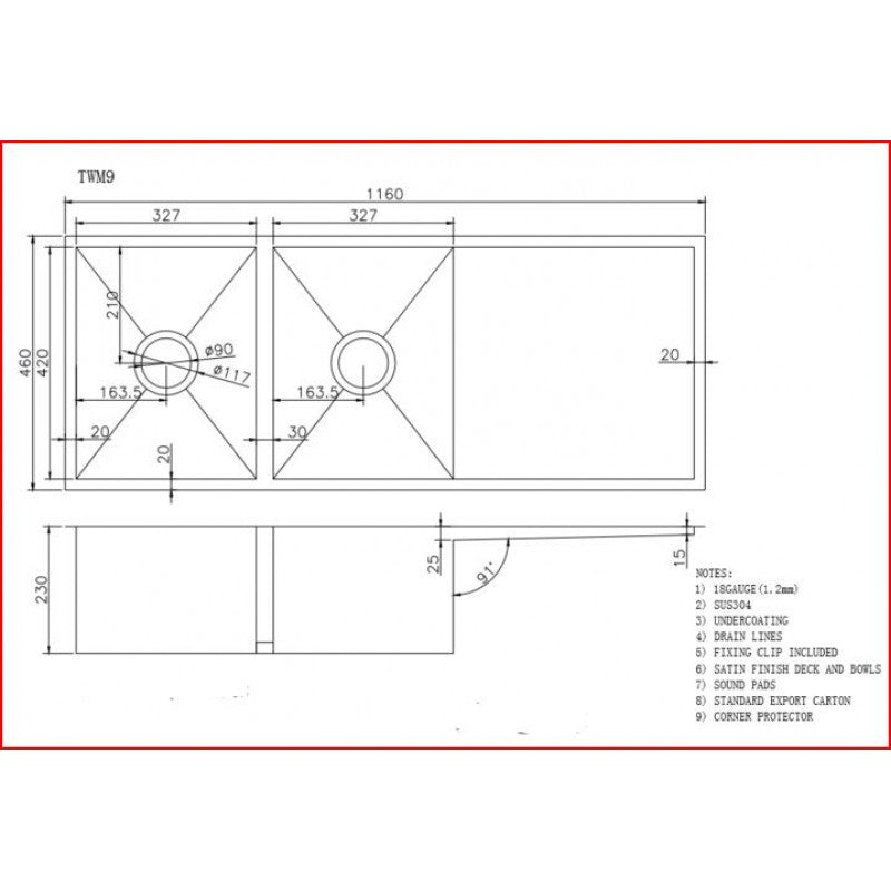 1160x460x230mm Gunmetal Stainless Steel PVD Double Bowl Kitchen Sink - MTO Marbles & Tiles Outlet