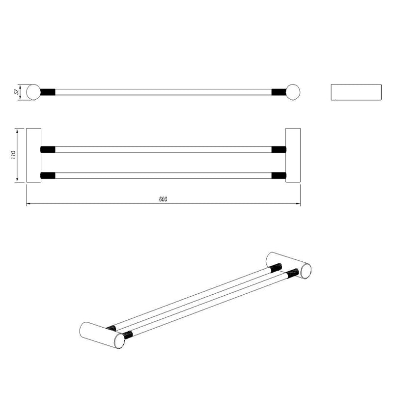 CADDENCE - 600mm Brushed Nickel Double Towel Rail - MTO Marbles & Tiles Outlet