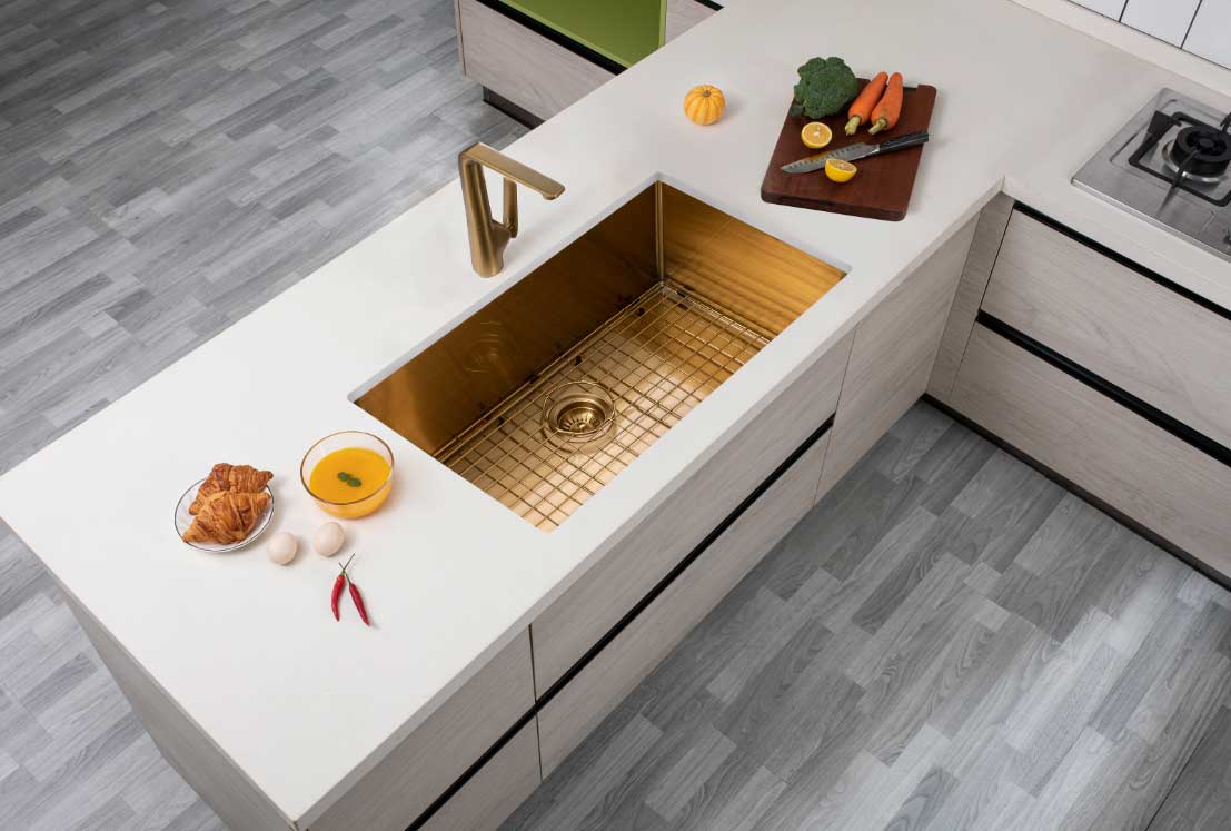 762x457x254mm Brushed Brass Stainless Steel PVD Single Bowl Kitchen Sink - MTO Marbles & Tiles Outlet