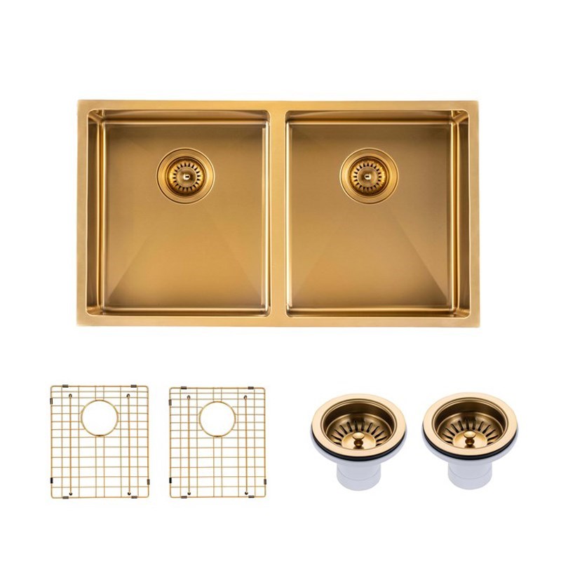 770x450x215mm Brushed Brass Stainless Steel PVD Double Bowl Kitche Sink - MTO Marbles & Tiles Outlet