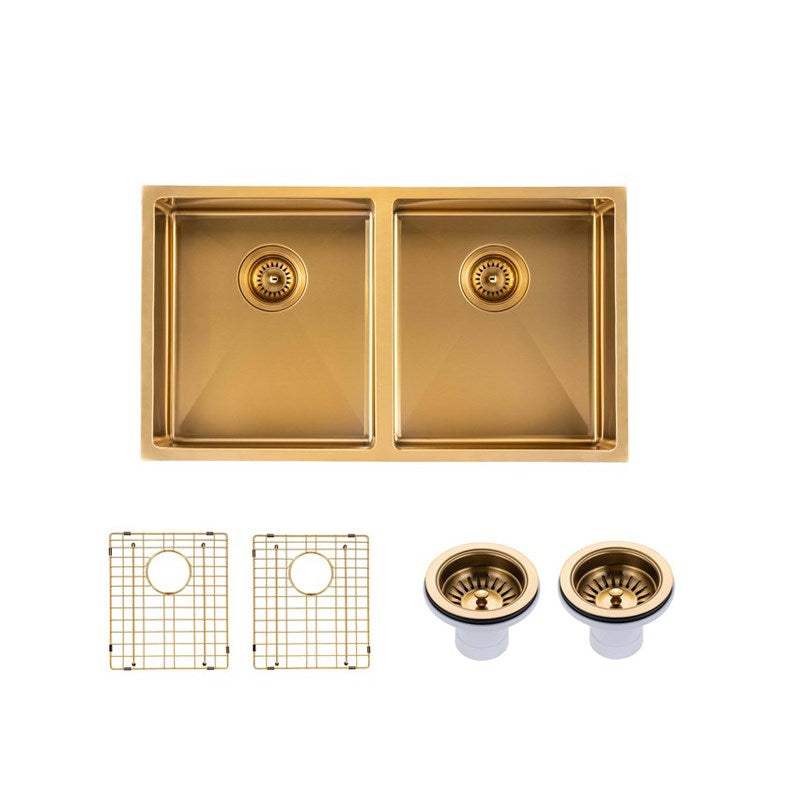 820x457x230mm Brushed Brass Stainless Steel PVD Double Bowl Kitchen Sink - MTO Marbles & Tiles Outlet