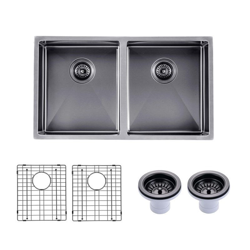 Round Corner Stainless Steel Gun Metal Grey PVD Coating Double Bowl Kitchen Sink(with Bottom Tray) 770*450*215mm - MTO Marbles & Tiles Outlet