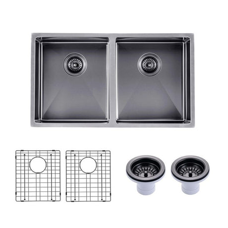 Round Corner Stainless Steel Gun Metal Grey PVD Coating Double Bowl Kitchen Sink(with Bottom Tray) 770*450*215mm - MTO Marbles & Tiles Outlet