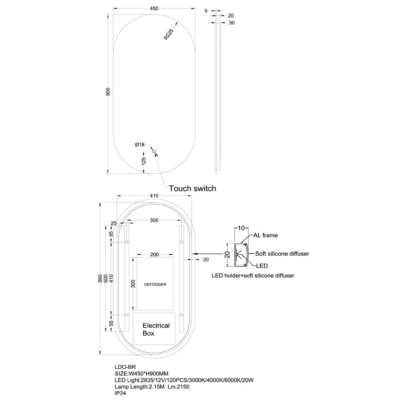 450x900mm LED Mirror - MTO Marbles & Tiles Outlet