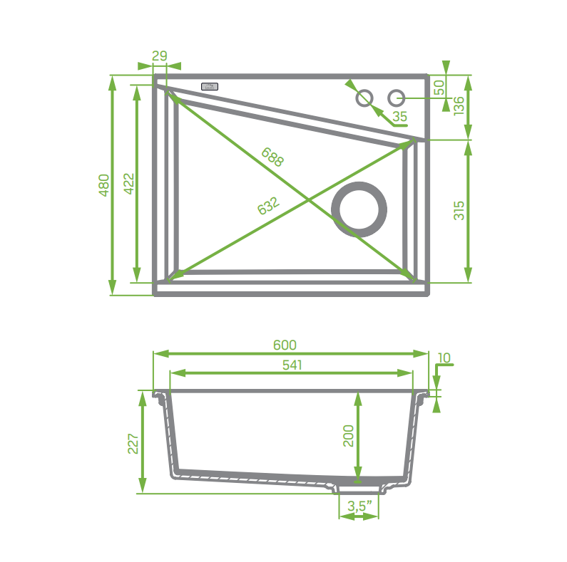 480x600x227mm Grey Granite Double Bowl Kitchen Sink - MTO Marbles & Tiles Outlet