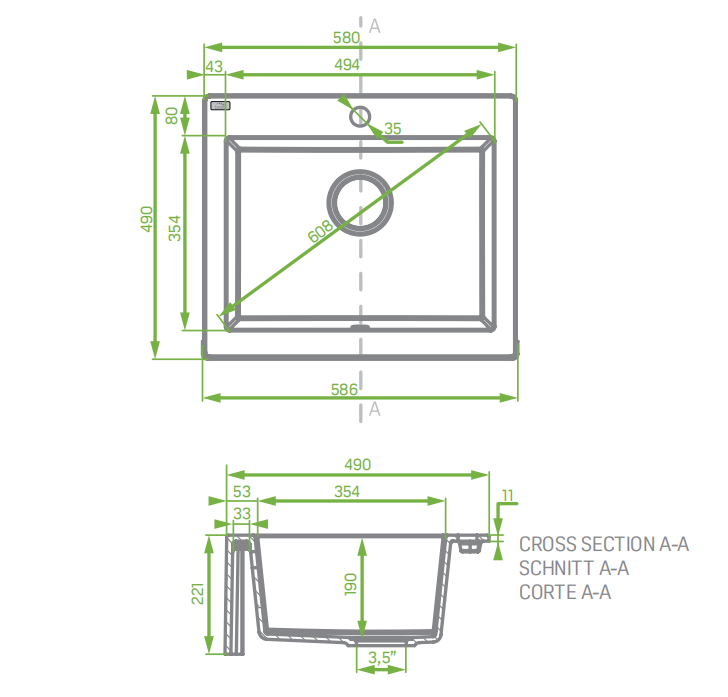 490x580x220mm Black Granite Single Bowl Kitchen Sink - MTO Marbles & Tiles Outlet