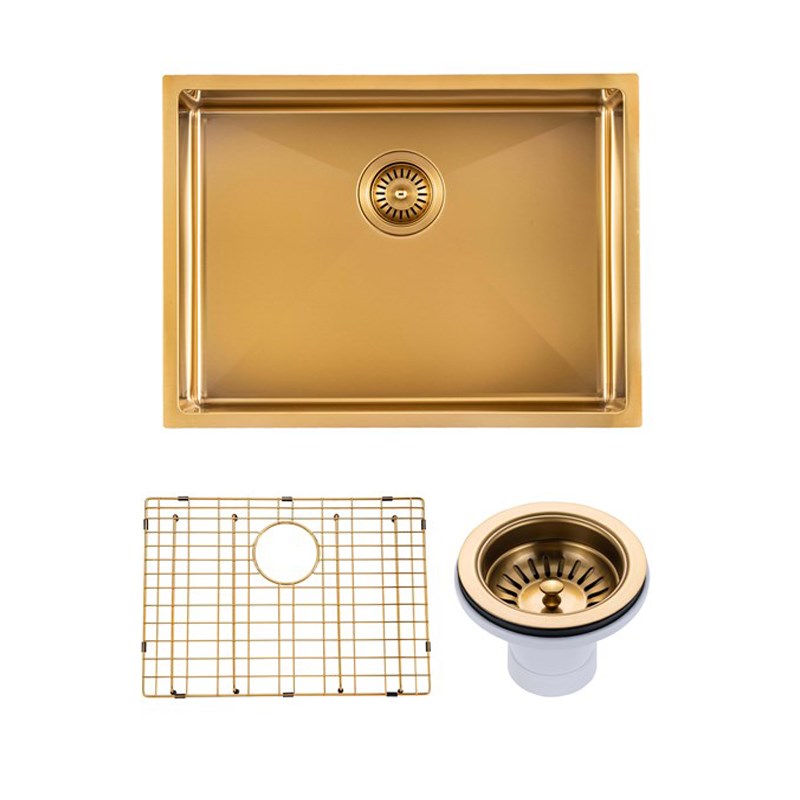 600x450x300mm Brushed Brass Stainless Steel PVD Single Bowl Kitchen Sink - MTO Marbles & Tiles Outlet