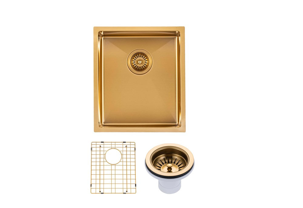 390x450x215mm Brushed Brass Stainless Steel PVD Single Bowl Kitchen Sink - MTO Marbles & Tiles Outlet