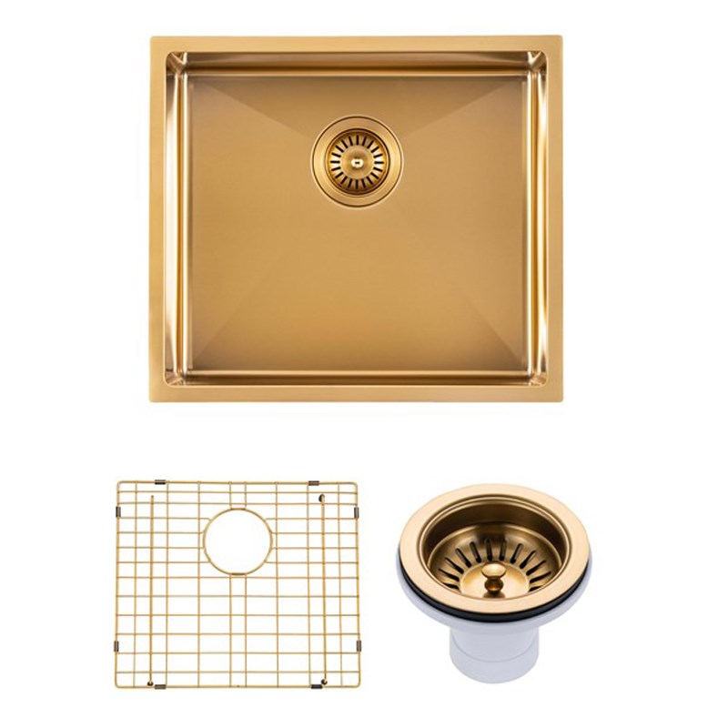 500x440x230mm Brushed Brass Stainless Steel PVD Single Bowl Kitchen Sink - MTO Marbles & Tiles Outlet