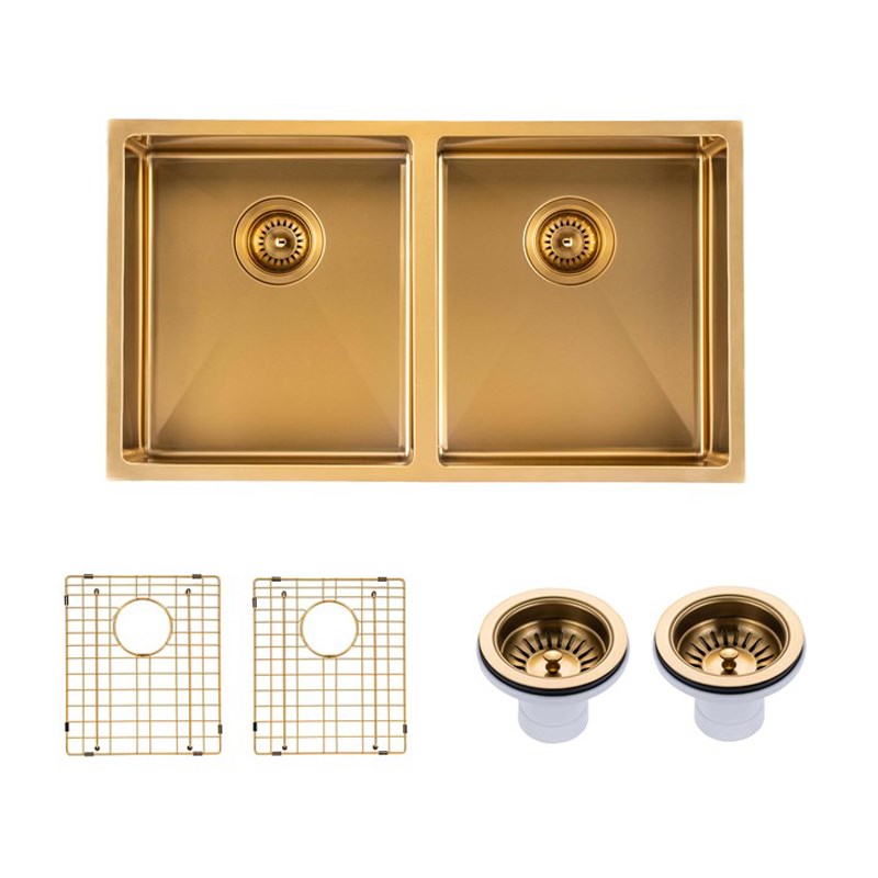 820x457x230mm Brushed Brass Stainless Steel PVD Double Bowl Kitchen Sink - MTO Marbles & Tiles Outlet