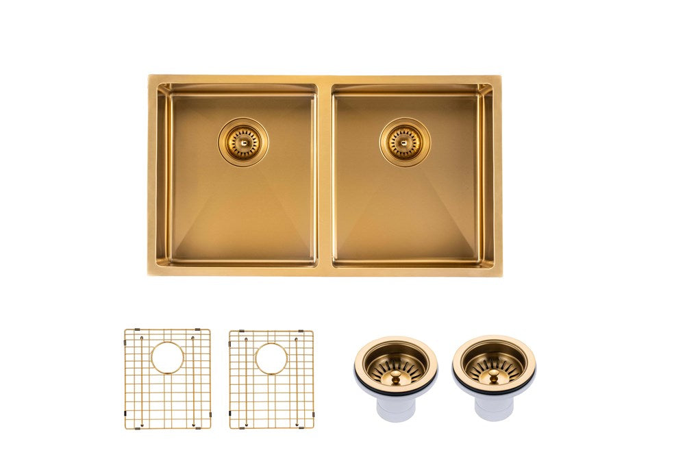 820x457x230mm Brushed Brass Stainless Steel PVD Double Bowl Kitchen Sink - MTO Marbles & Tiles Outlet