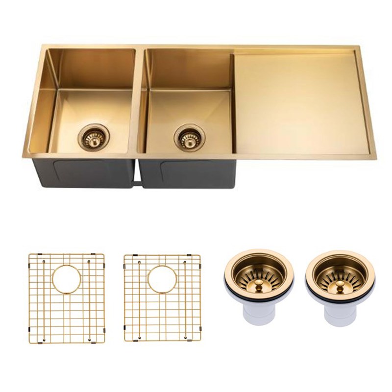 1160x460x230mm Brushed Brass Stainless Steel PVD Double Bowl Kitchen Sink - MTO Marbles & Tiles Outlet