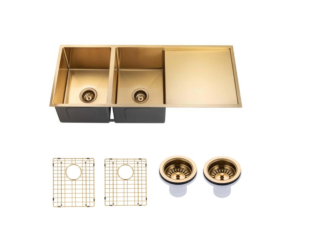 1160x460x230mm Brushed Brass Stainless Steel PVD Double Bowl Kitchen Sink - MTO Marbles & Tiles Outlet