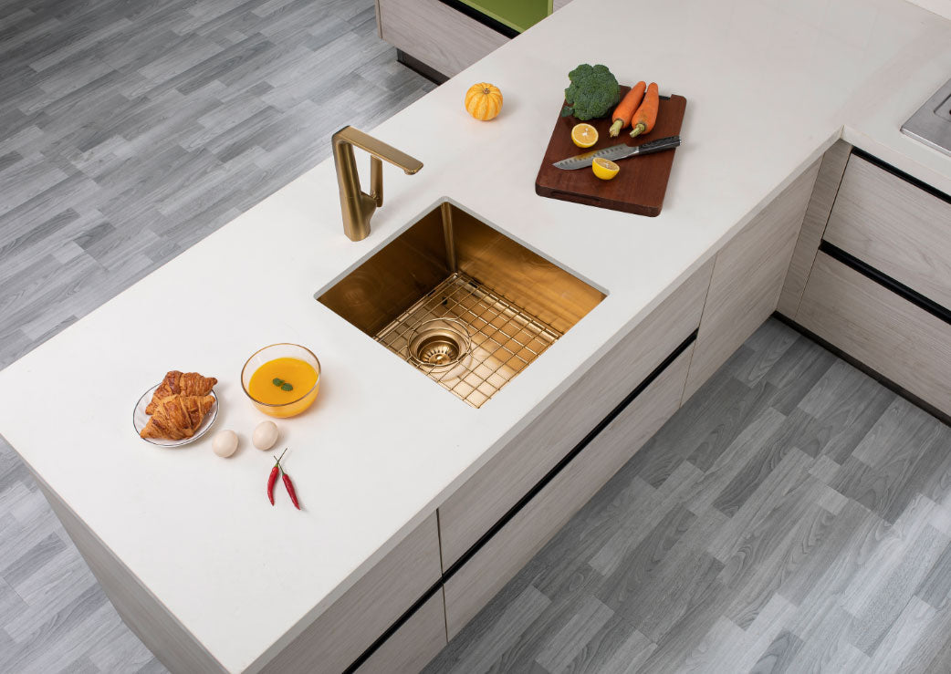 390x450x215mm Brushed Brass Stainless Steel PVD Single Bowl Kitchen Sink - MTO Marbles & Tiles Outlet