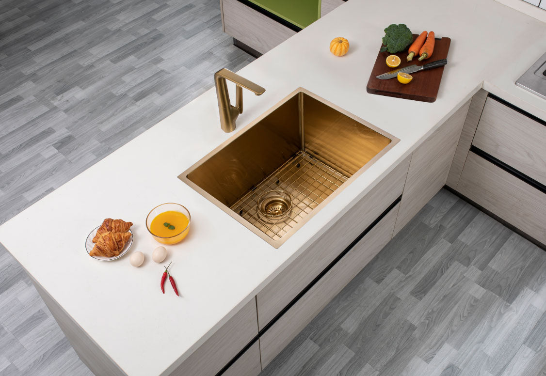 600x450x230mm Brushed Brass Stainless Steel PVD Single Bowl Kitchen Sink - MTO Marbles & Tiles Outlet