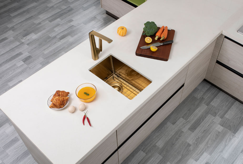 250x450x215mm Brushed Brass Stainless Steel PVD Single Bowl Kitchen Sink - MTO Marbles & Tiles Outlet