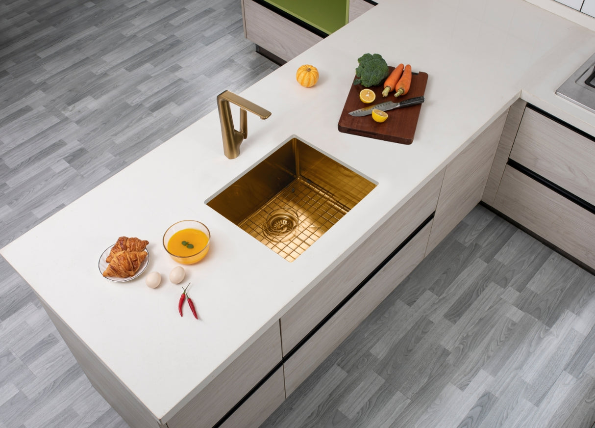 500x440x230mm Brushed Brass Stainless Steel PVD Single Bowl Kitchen Sink - MTO Marbles & Tiles Outlet