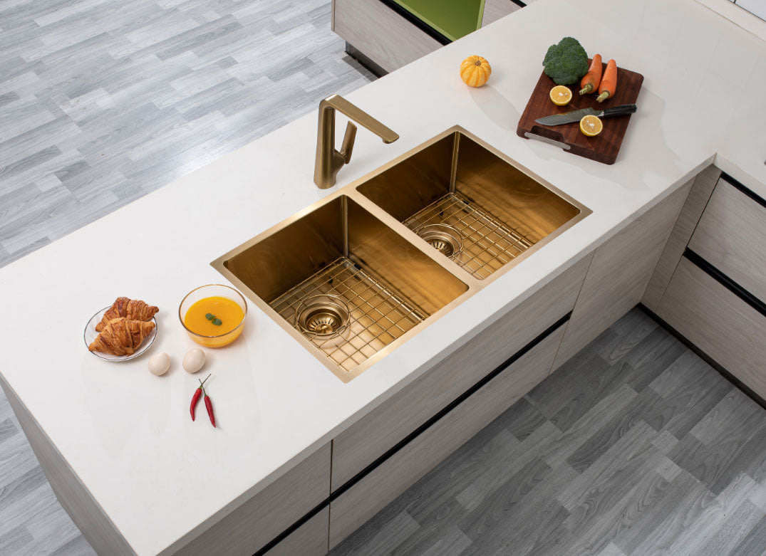 820x457x230mm Brushed Brass Stainless Steel PVD Double Bowl Kitchen Sink - MTO Marbles & Tiles Outlet