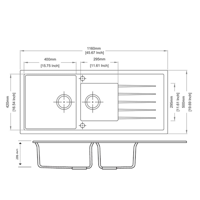 1160x500mm Black Granite 1 & 1/2 Bowl Kitchen Sink - MTO Marbles & Tiles Outlet
