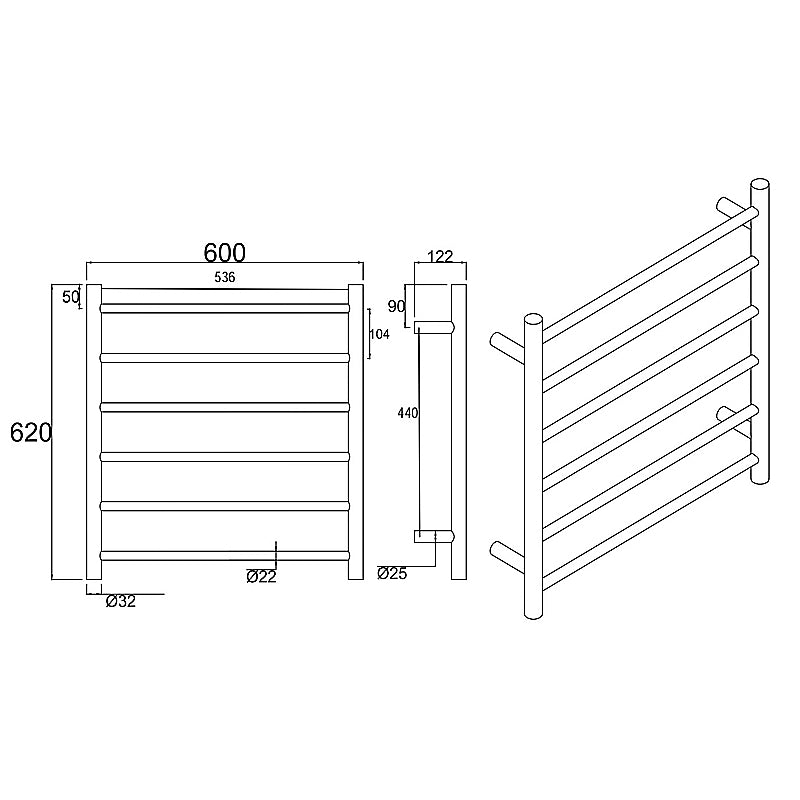Chrome Heated Towel Rack 6 Bars