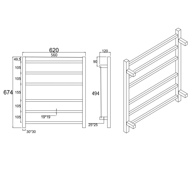 Black Heated Towel Rack 6 Bars