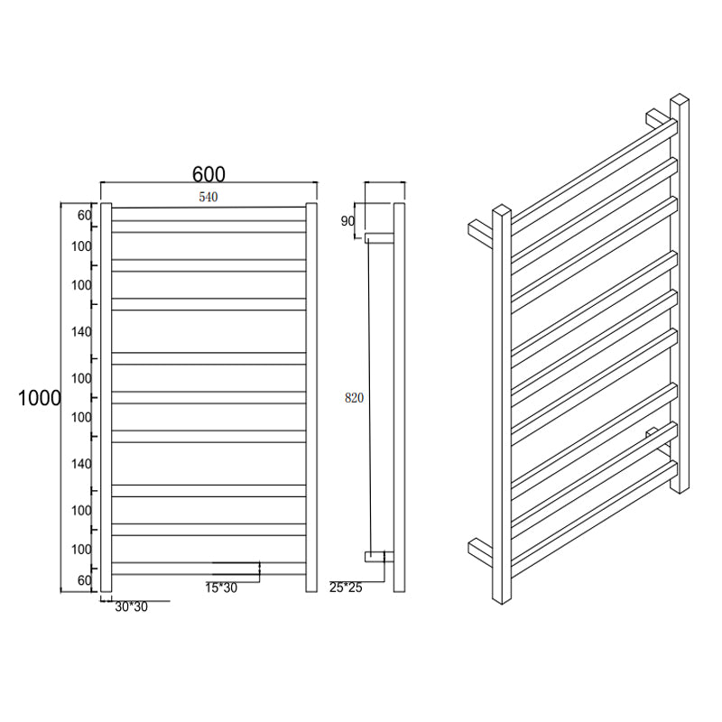 Chrome Heated Towel Rack 9 Bars