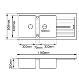 1160x500x200mm Black Granite Double Bowl Kitchen Sink