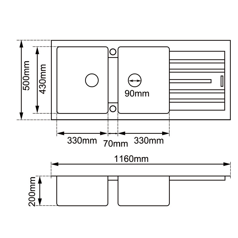 1160x500x200mm White Granite Double Bowl Kitchen Sink