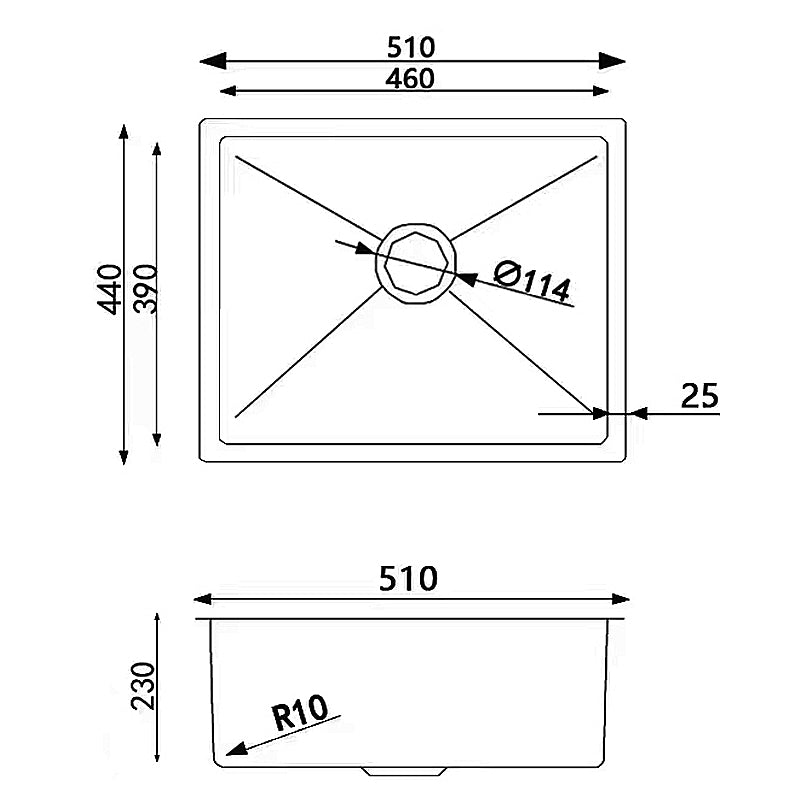 510x440x230mm Chrome Stainless Steel Single Bowl Kitchen Sink
