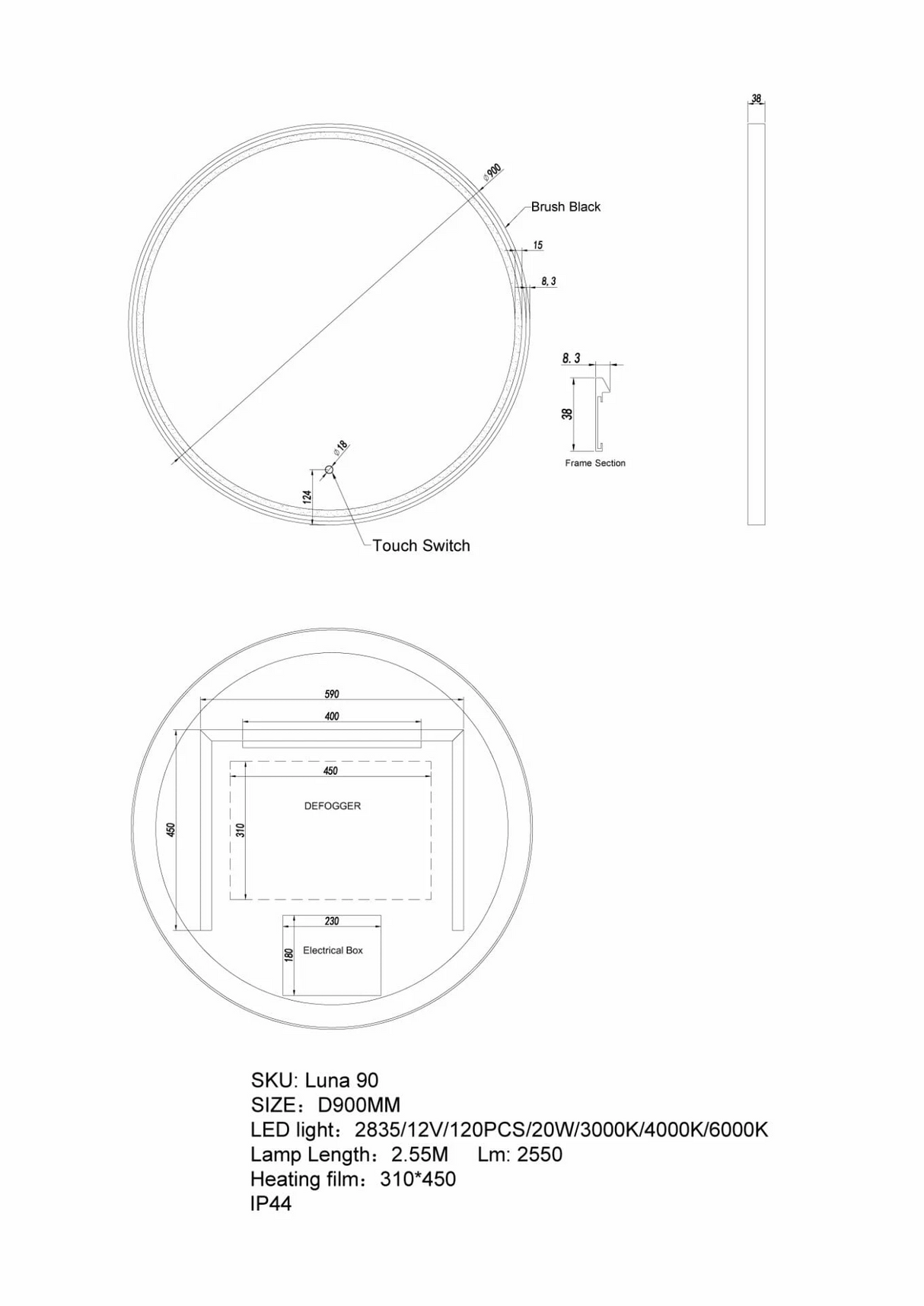 900x38mm LED Dressing Mirror