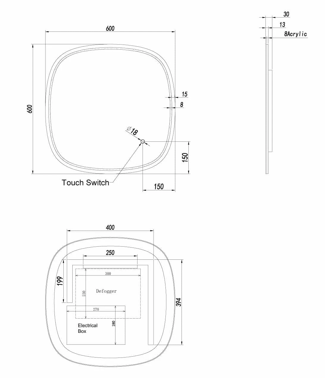 600x600mm LED Mirror
