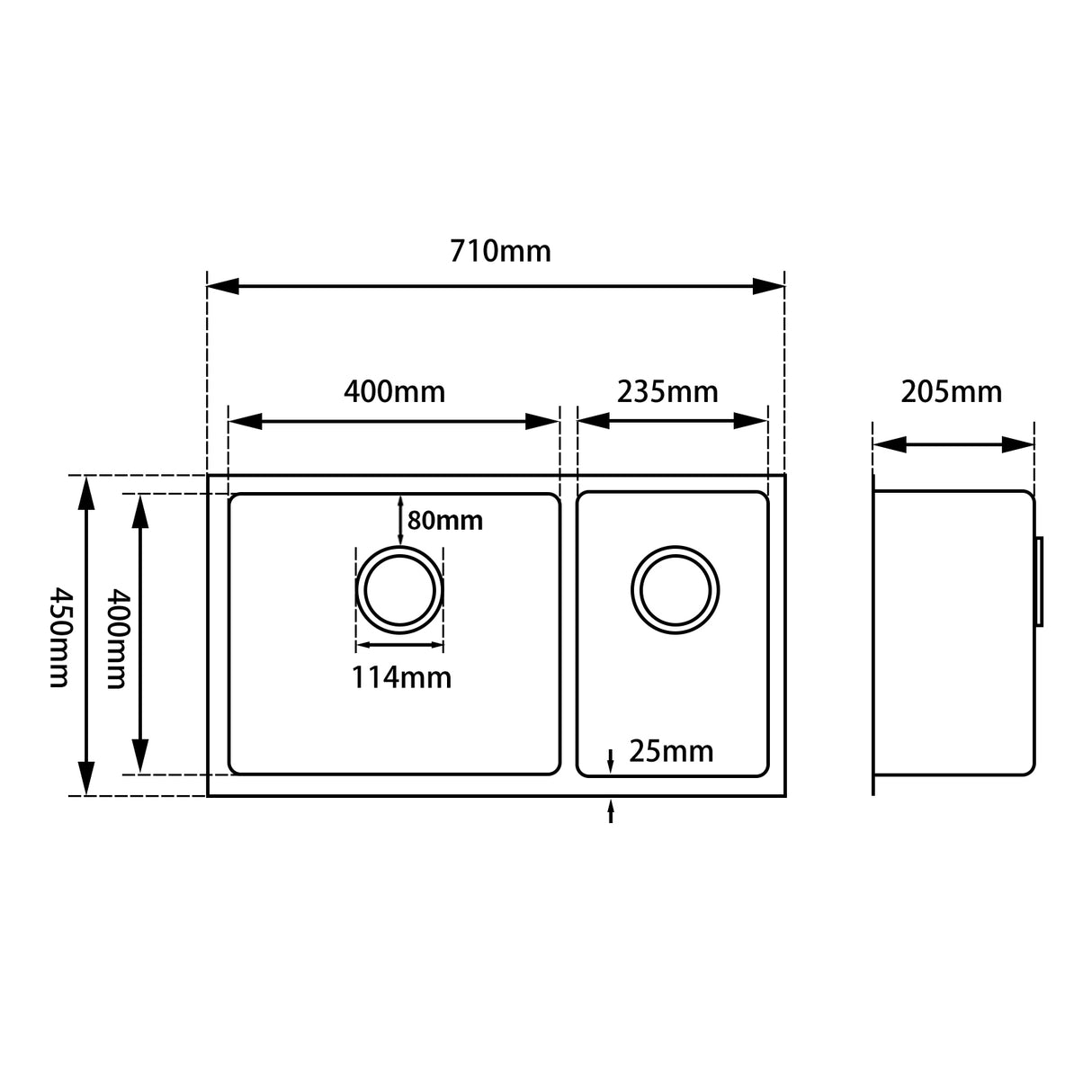 710x450x205mm Chrome Stainless Steel 1 & 1/2 Bowl Kitchen Sink