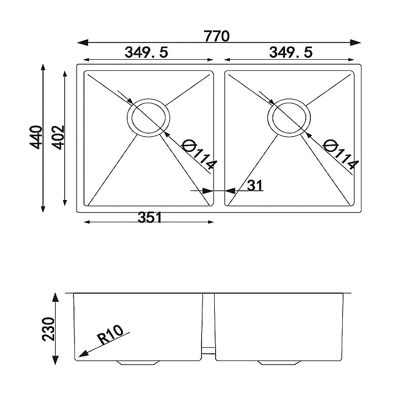 770x440x230mm Chrome Stainless Steel Double Bowl Kitchen Sink