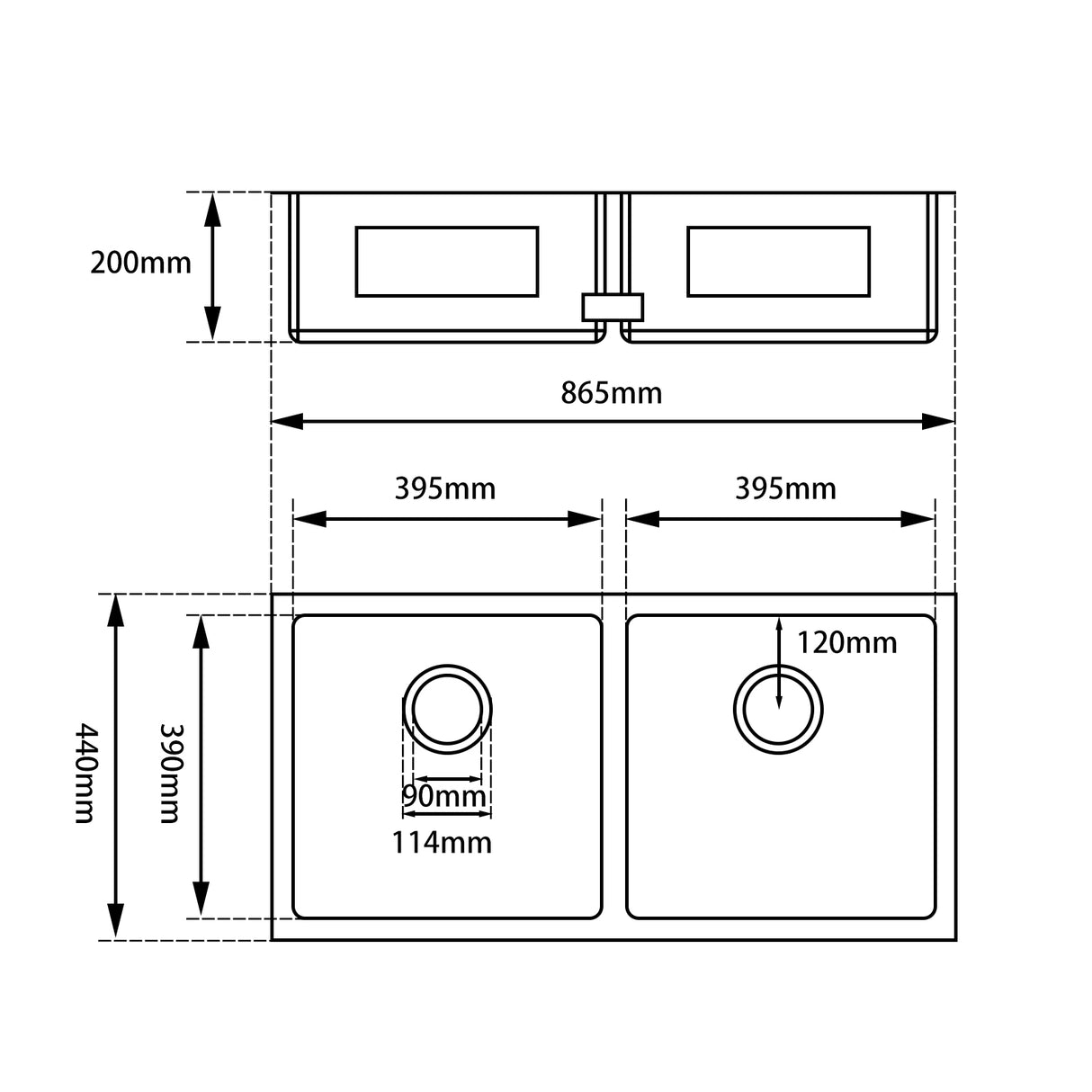 860x440x200mm Gun Metal Grey Stainless Steel Double Bowl Kitchen Sink