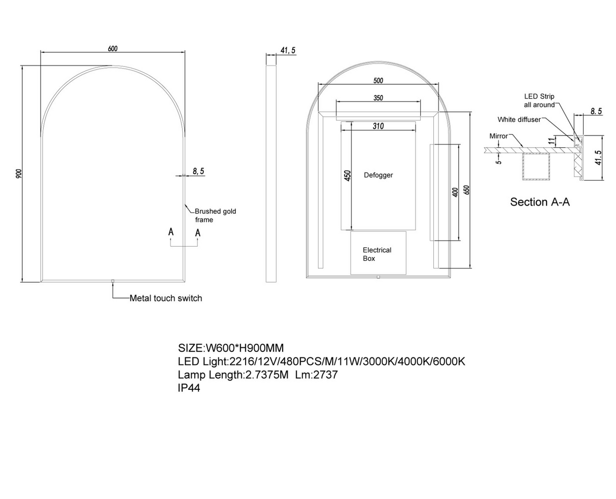 600x900mm Matte Black Framed LED Mirror