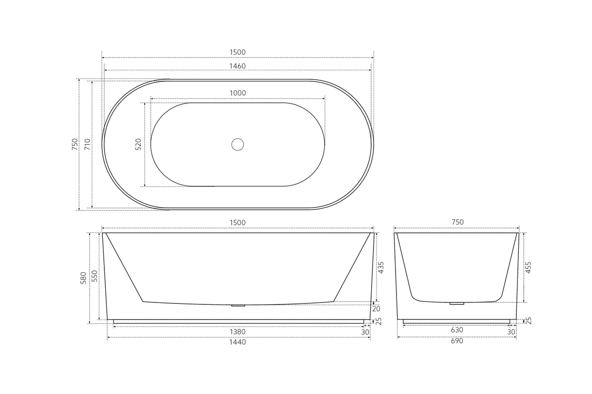Ceto Ally Groove Freestanding Acrylic Bathtub Modern 1500mm AGV1500GW