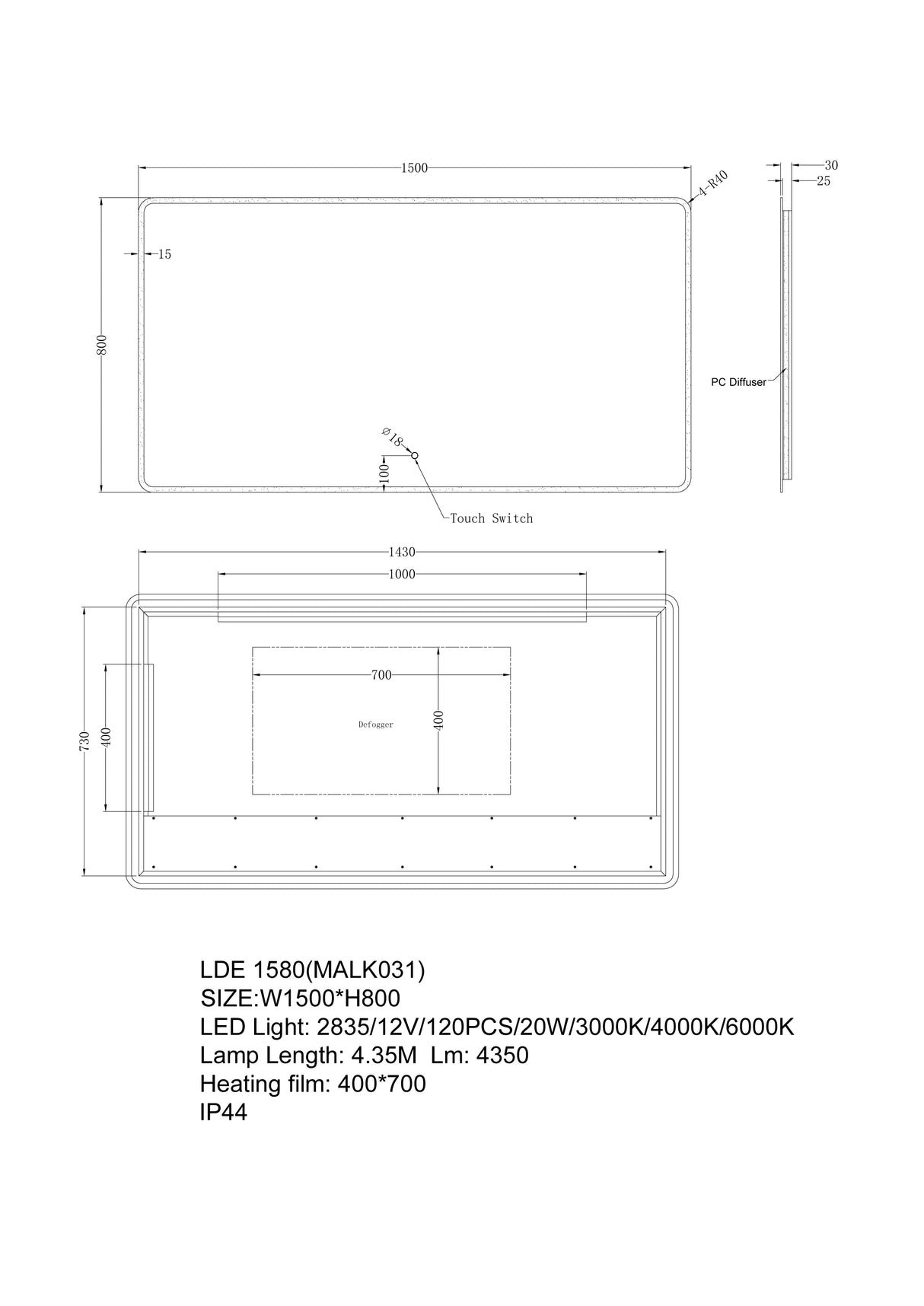 1500x800mm LED Mirror