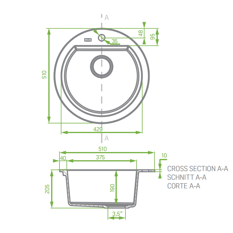 510x205mm Grey Granite Single Bowl Kitchen Sink