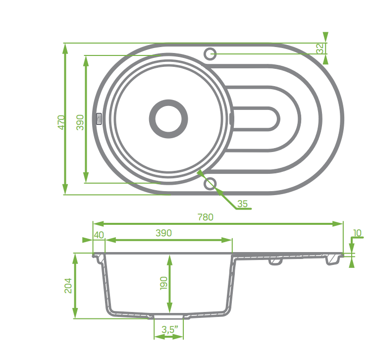 470x780x204mm Grey Granite Single Bowl Kitchen Sink