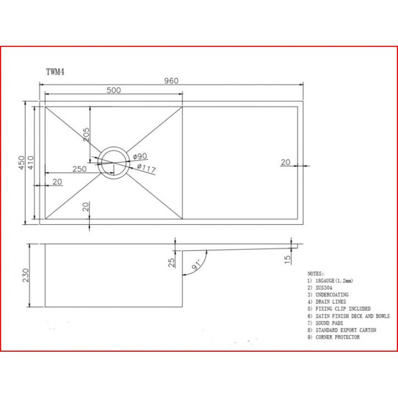 960x450x230mm Chrome Stainless Steel Single Bowl Kitchen Sink