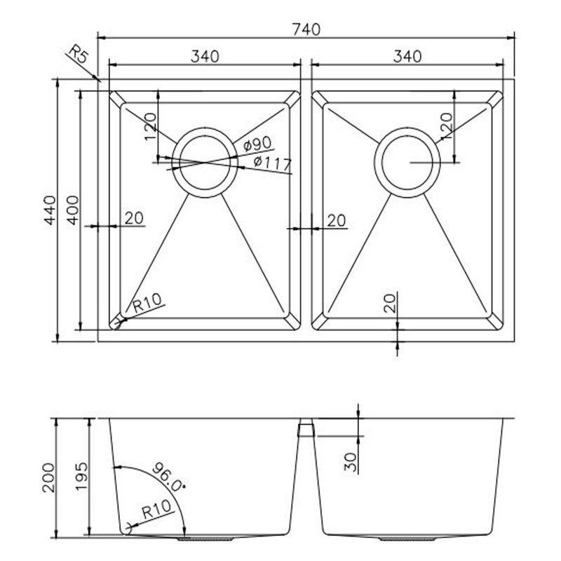 740x440x200mm Chrome Stainless Steel Double Bowl Kitchen Sink