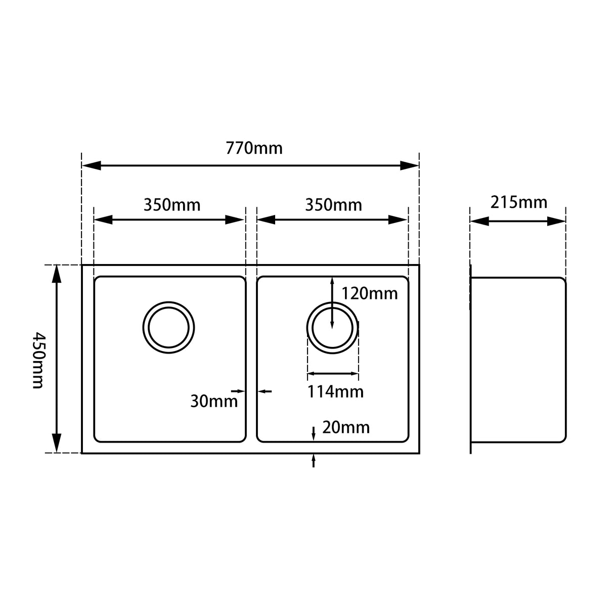 770x450x215mm Chrome Stainless Steel Double Bowl Kitchen Sink