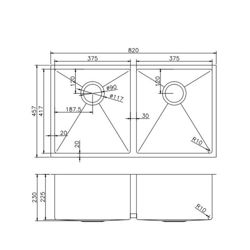 820x457x230mm Chrome Stainless Steel Double Bowl Kitchen Sink