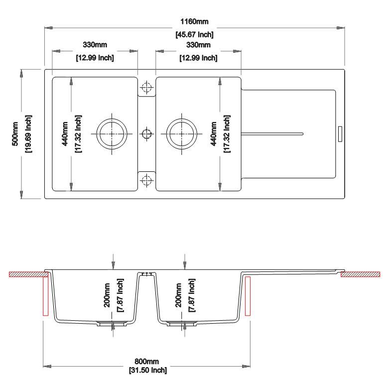 1160x460x200mm White Granite Double Bowl Kitchen Sink