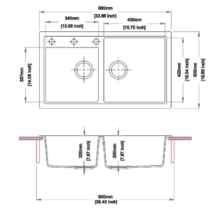 860x500x200mm Concrete Grey Granite 1 & 3/4 Bowl Kitchen Sink